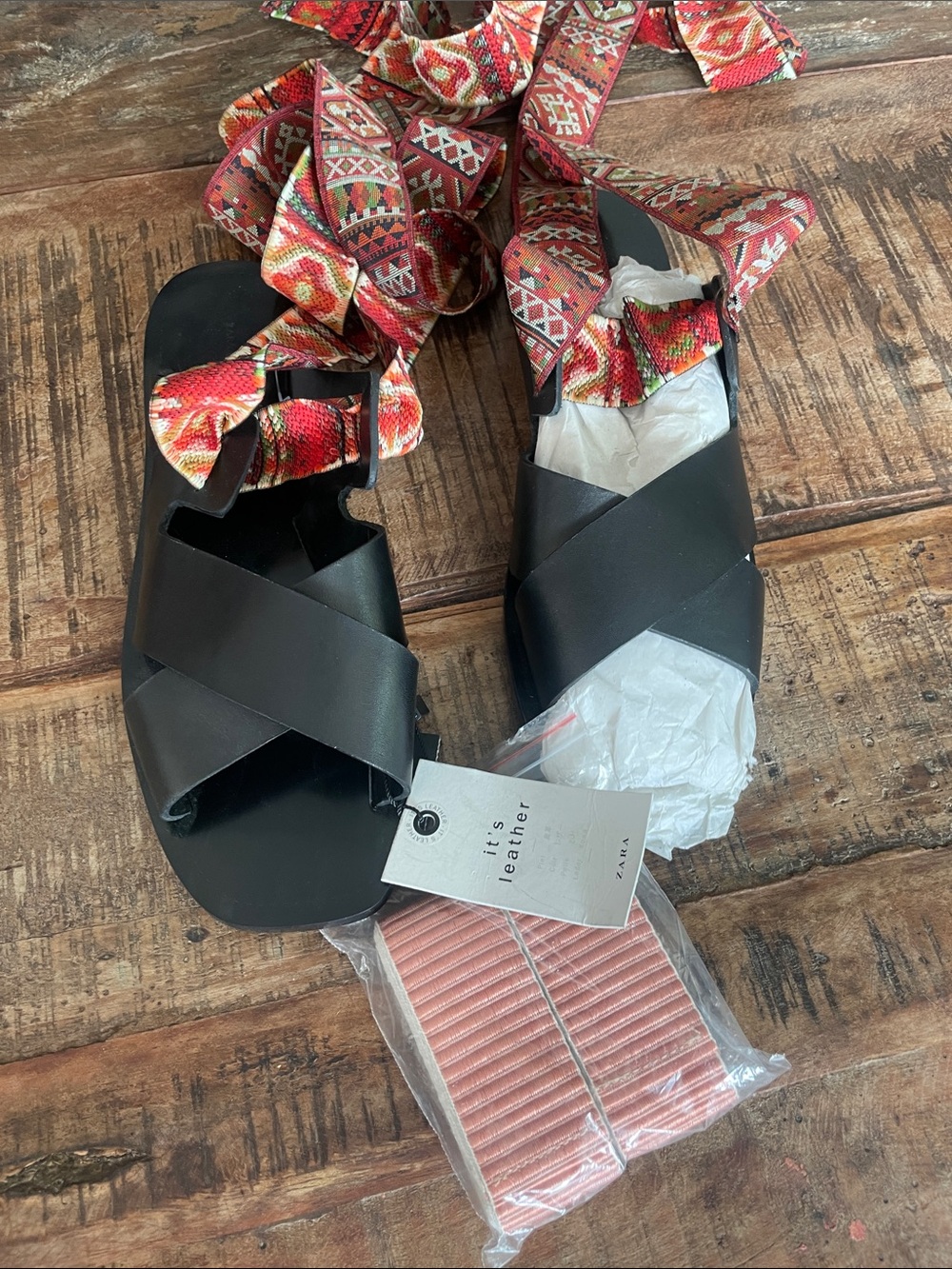 Zara Black Leather Crisscross Sandals with Red Patterned Ankle Ties
